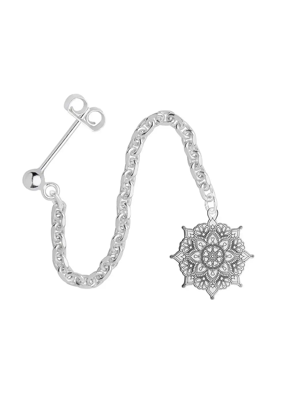 Silver chain earring with mandala flower charm and detailed engraved design