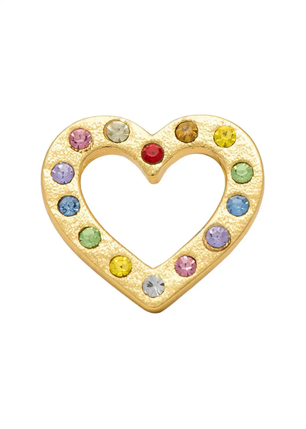 Gold heart-shaped stud earring with multicoloured gemstones, open center, close-up view