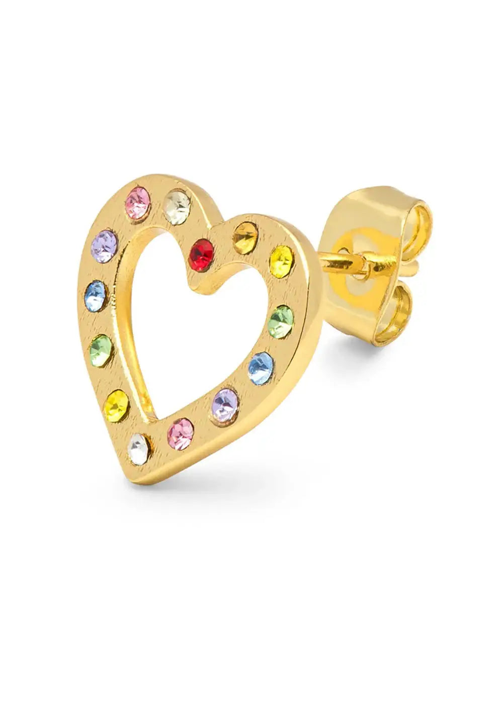 Gold plated heart stud earring with rainbow colored gemstones, open design, on white background