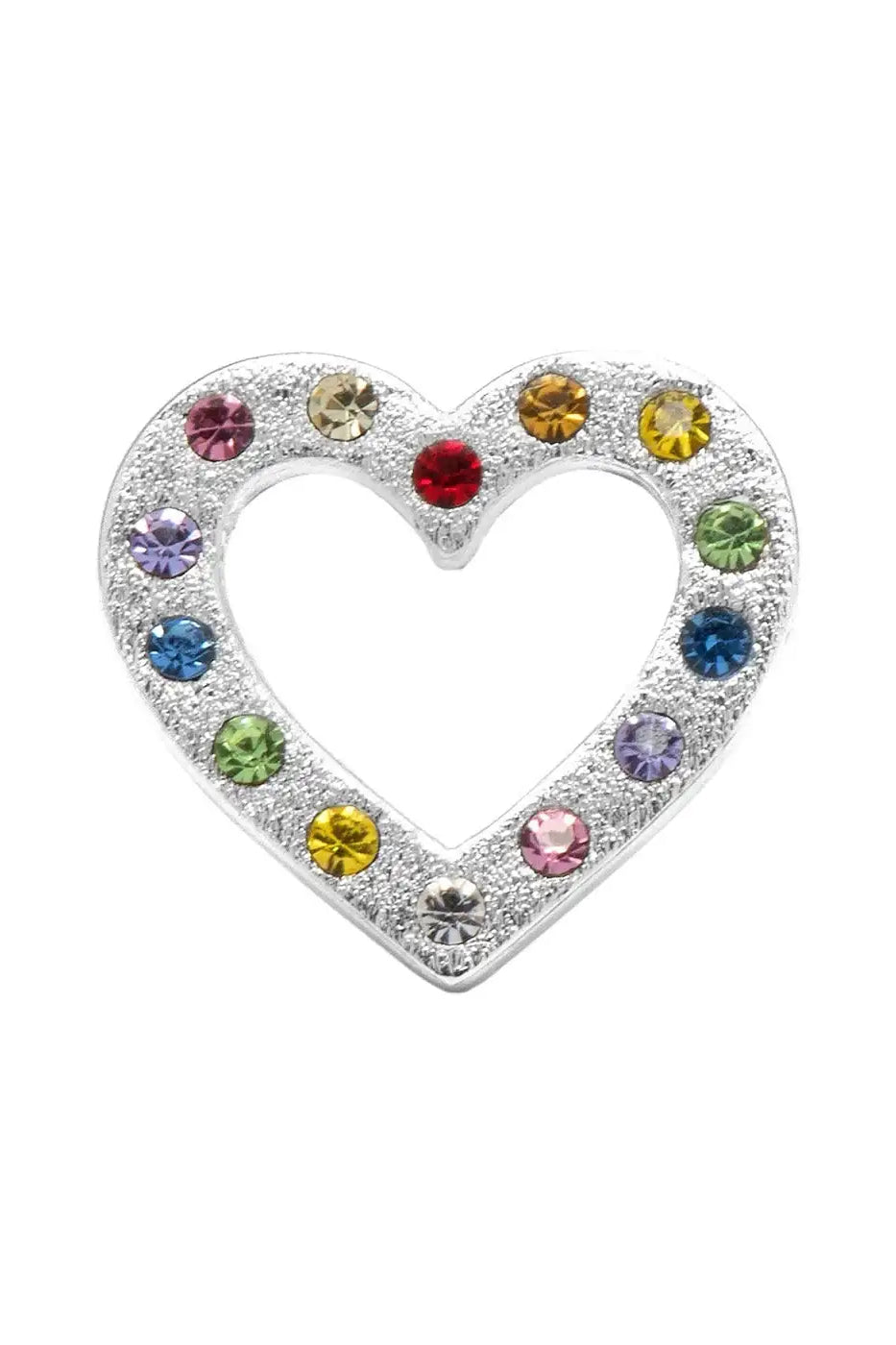 Silver heart-shaped ear stud with rainbow-colored gemstones on white background