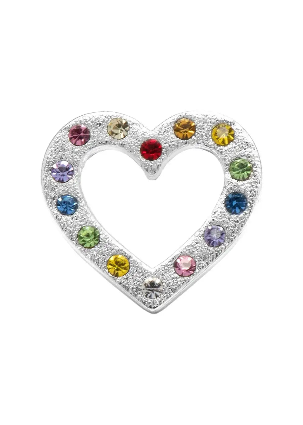 Silver heart-shaped ear stud with rainbow-colored gemstones on white background
