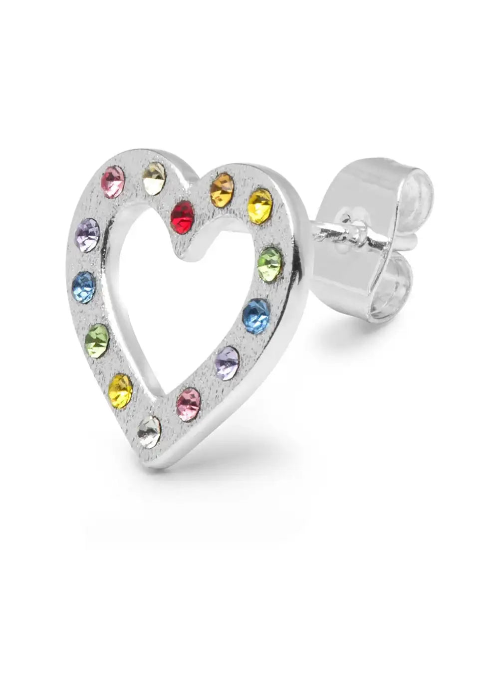 Silver heart stud earring with colorful rainbow crystals on white background