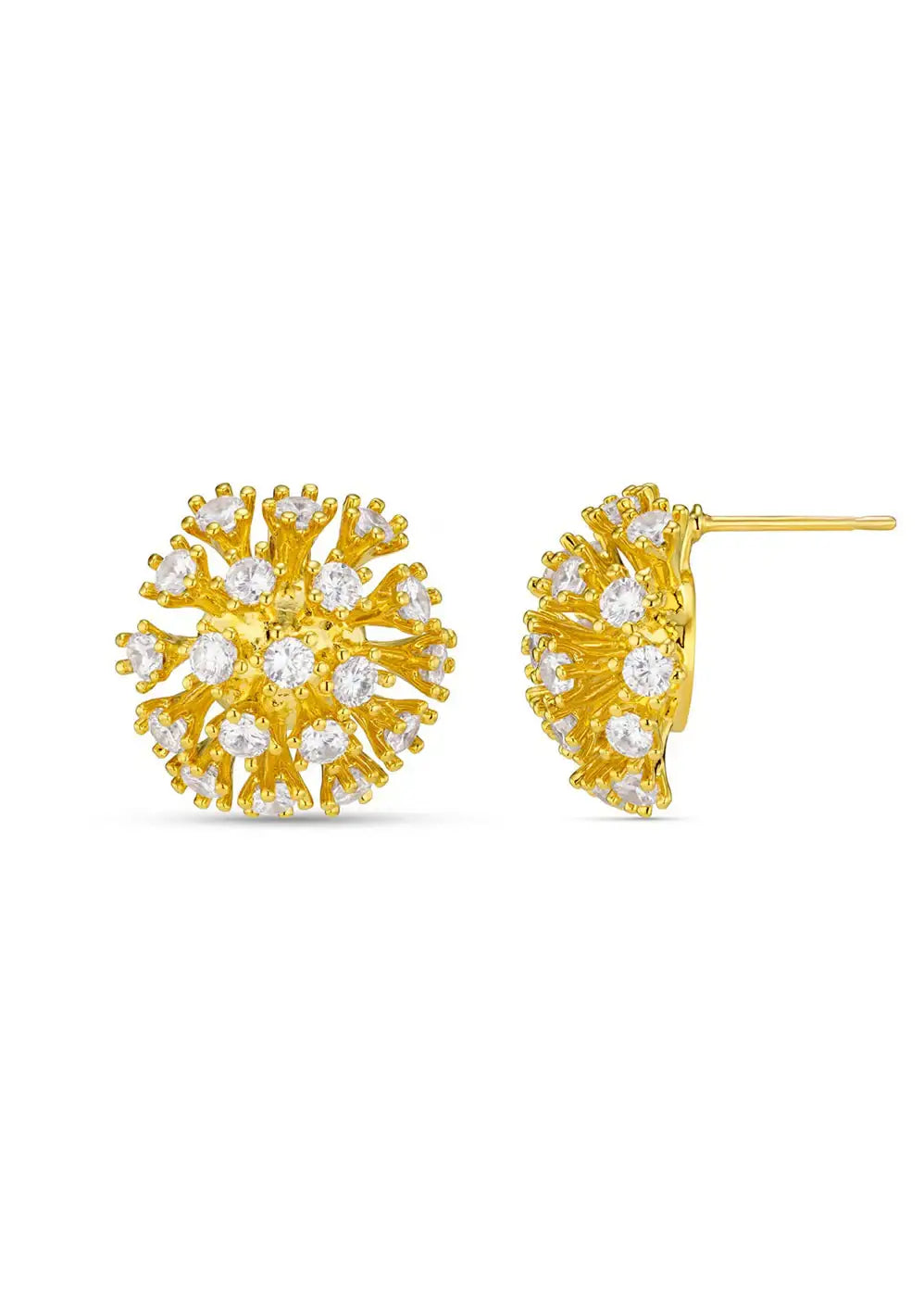 Gold tone round stud earrings with sparkling clear crystals in a starburst design