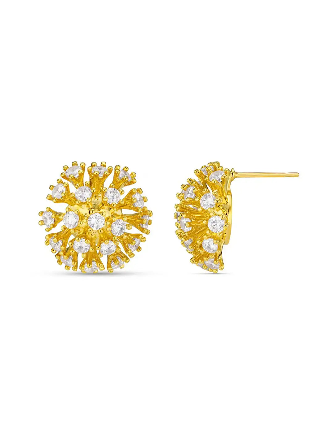 Gold tone round stud earrings with sparkling clear crystals in a starburst design