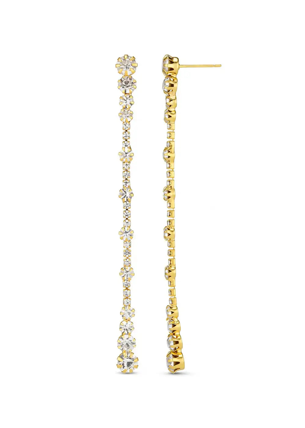Gold drop earrings with round clear crystals on a white background