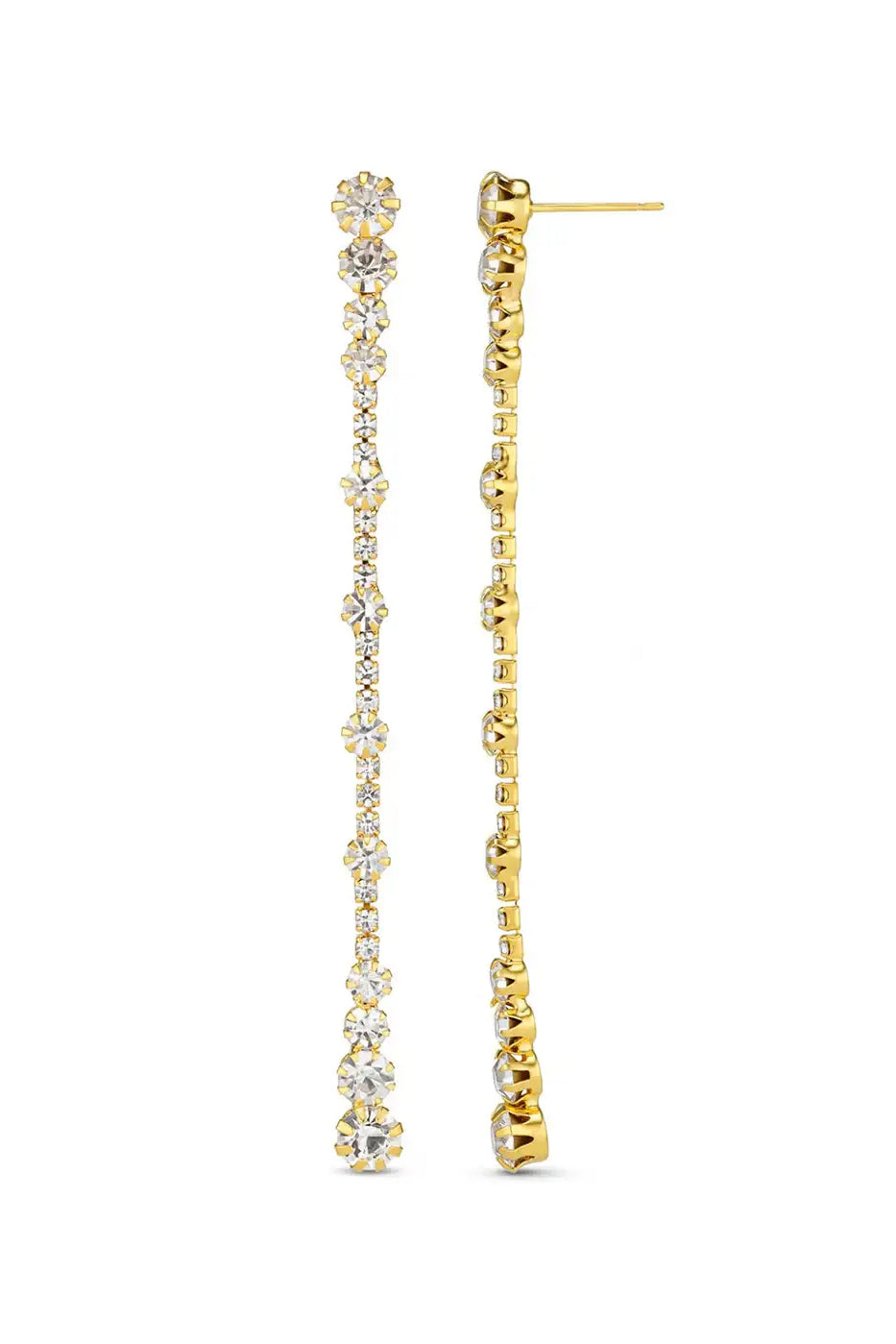 Gold drop earrings with round clear crystals on a white background