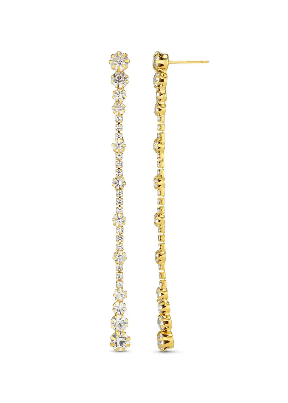 Gold drop earrings with round clear crystals on a white background
