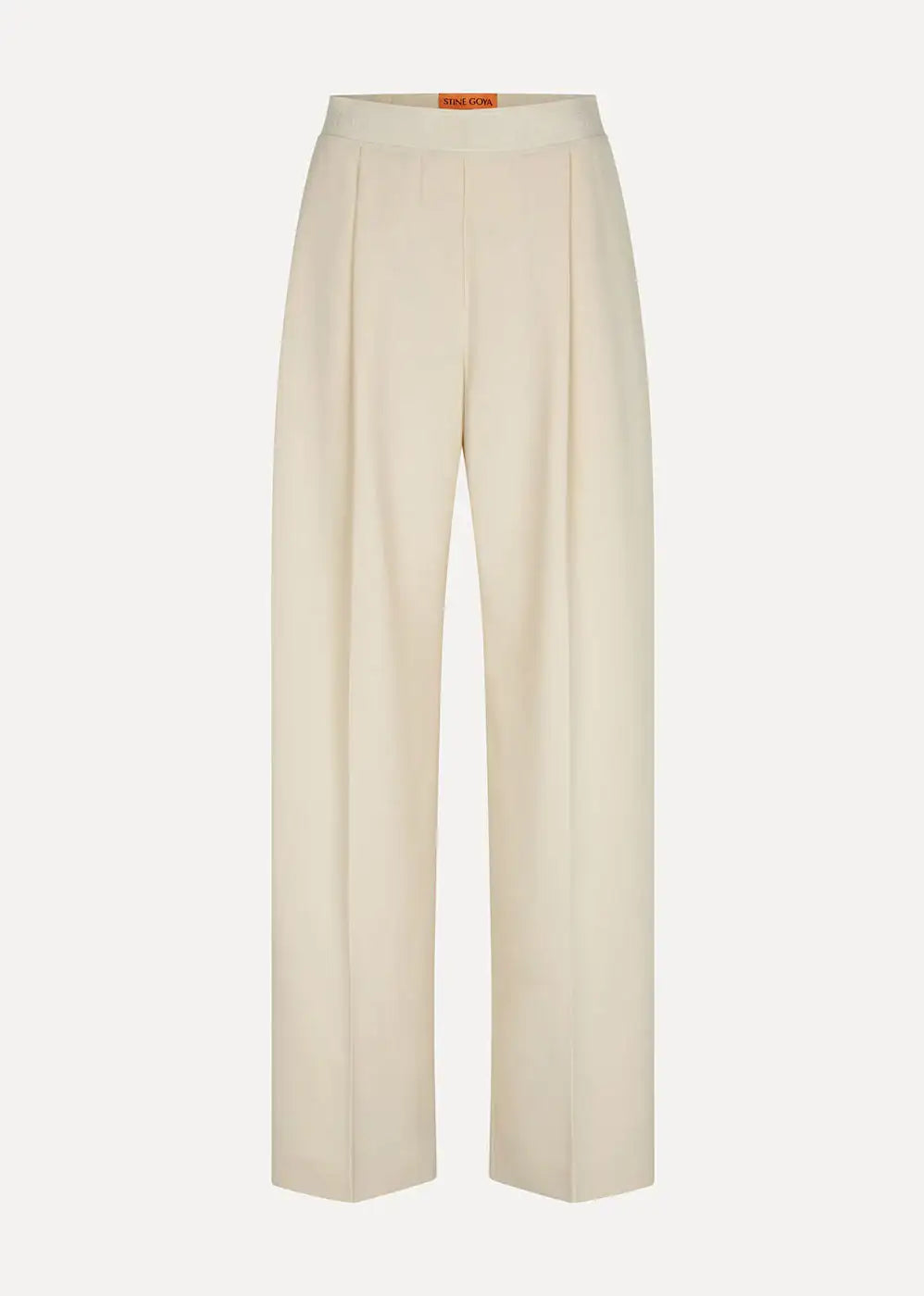 Ivory wide-leg trousers with pleated front and elastic waistband on white background