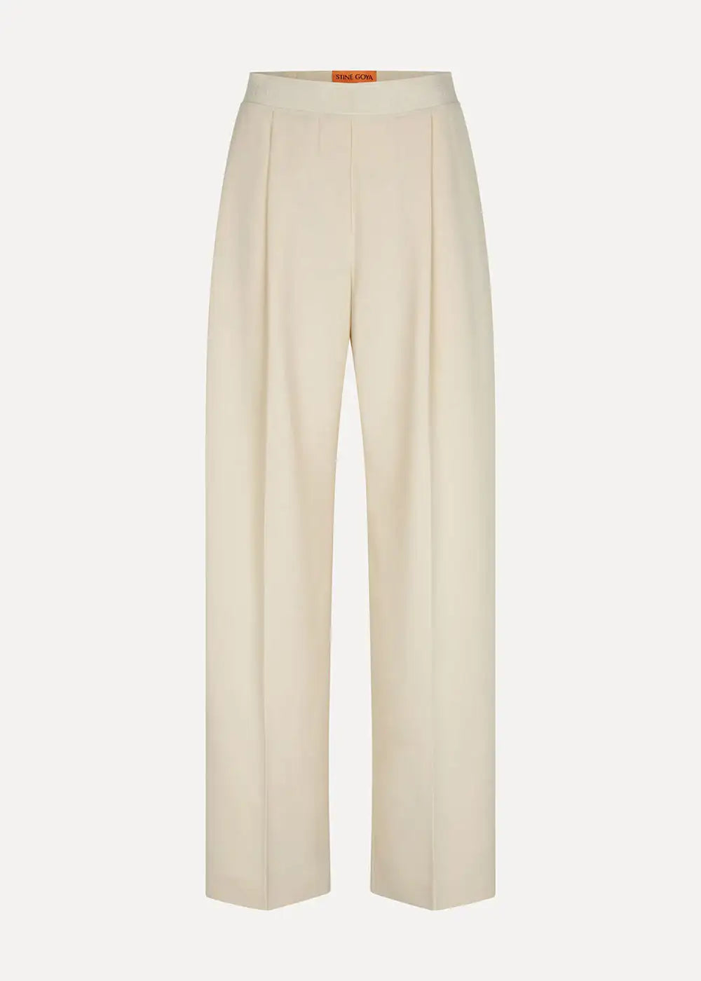 Ivory wide-leg trousers with pleated front and elastic waistband on white background