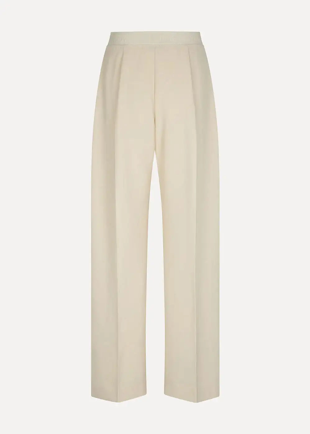 Ivory wide-leg high-waist pants with elastic waistband, minimalist style, on white background