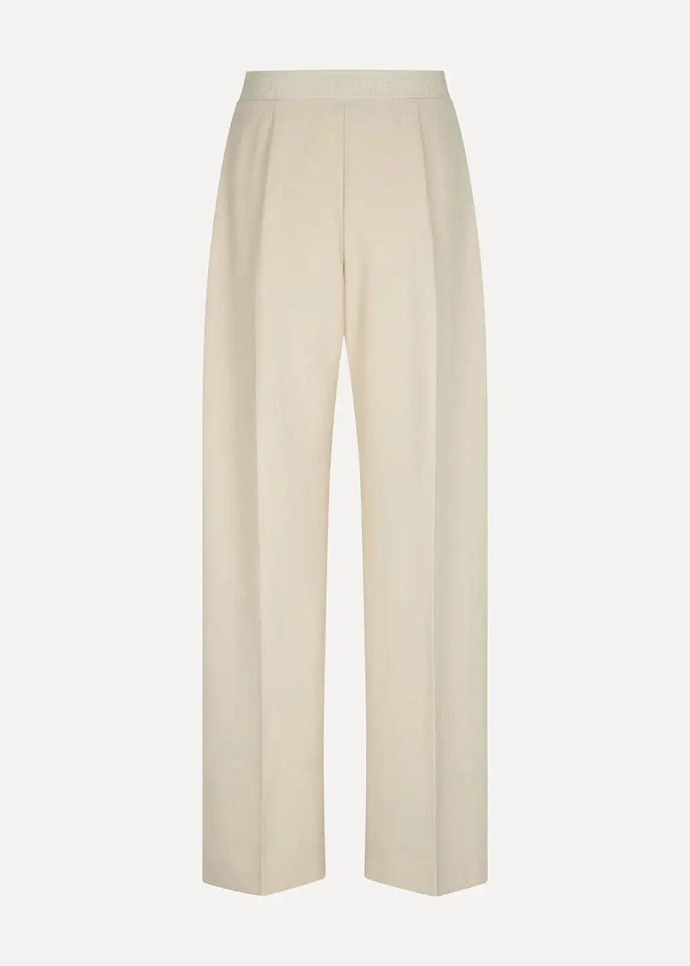 Ivory wide-leg high-waist pants with elastic waistband, minimalist style, on white background
