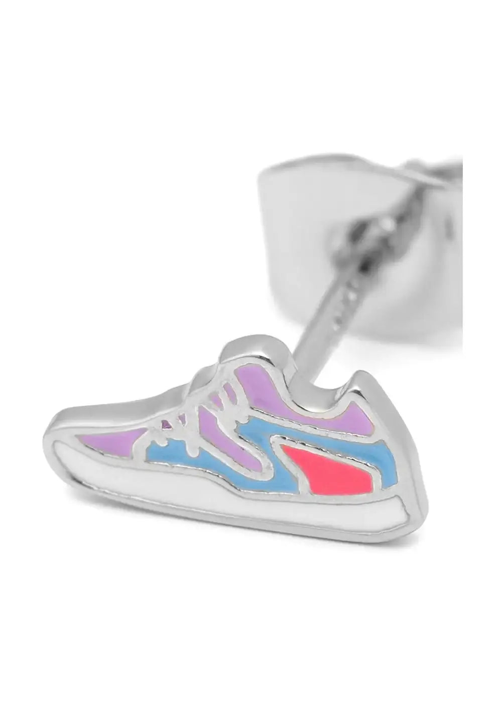 Silver sneaker-shaped ear stud with pink, purple, and blue enamel accents on white background