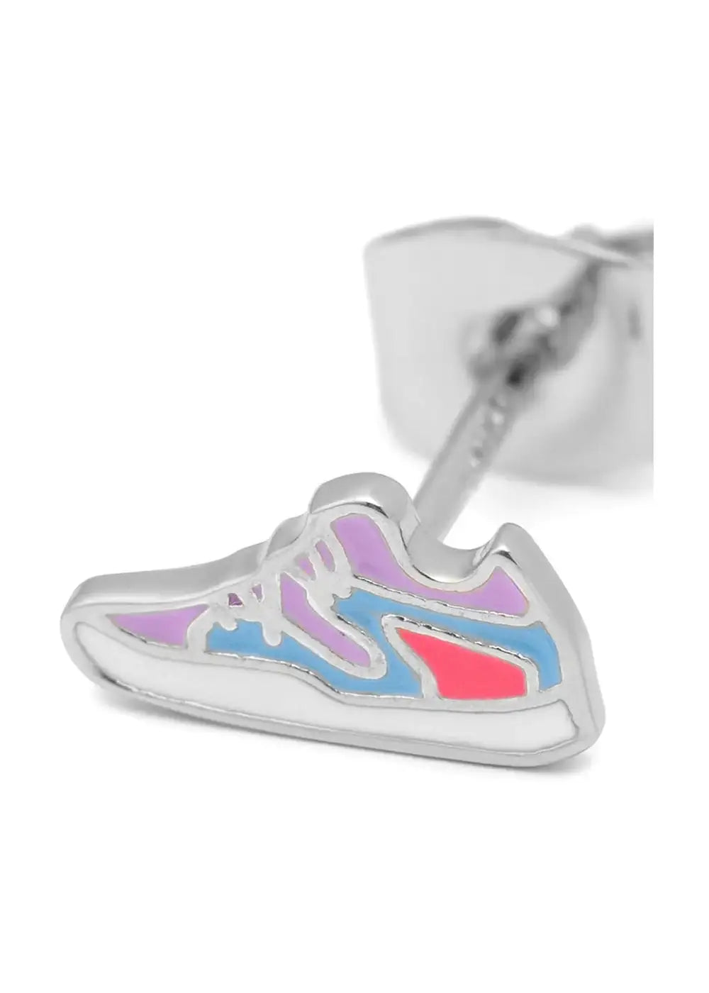 Silver sneaker-shaped ear stud with pink, purple, and blue enamel accents on white background