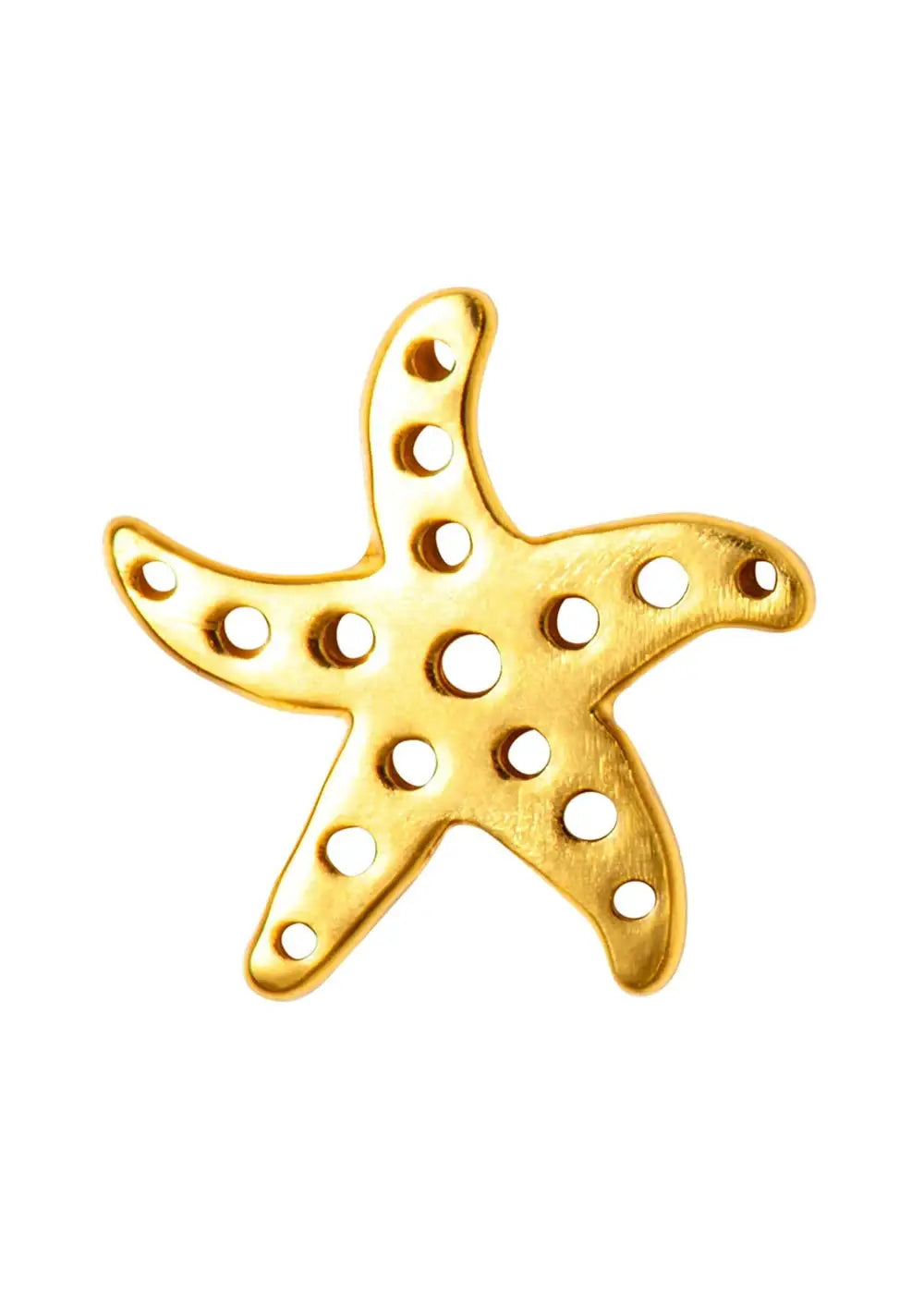 Gold plated starfish shaped ear stud with decorative holes on white background