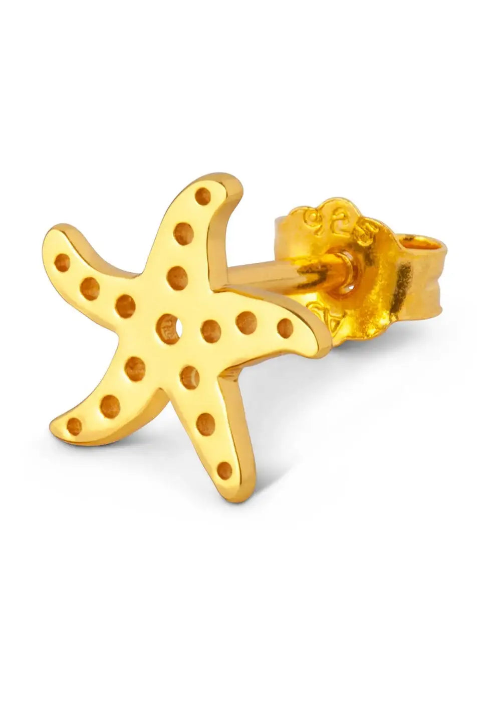 Gold plated starfish stud earring with textured dot details on white background
