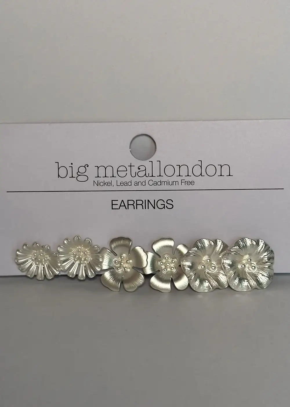 Silver-tone metal flower earrings on display card, floral jewelry accessory
