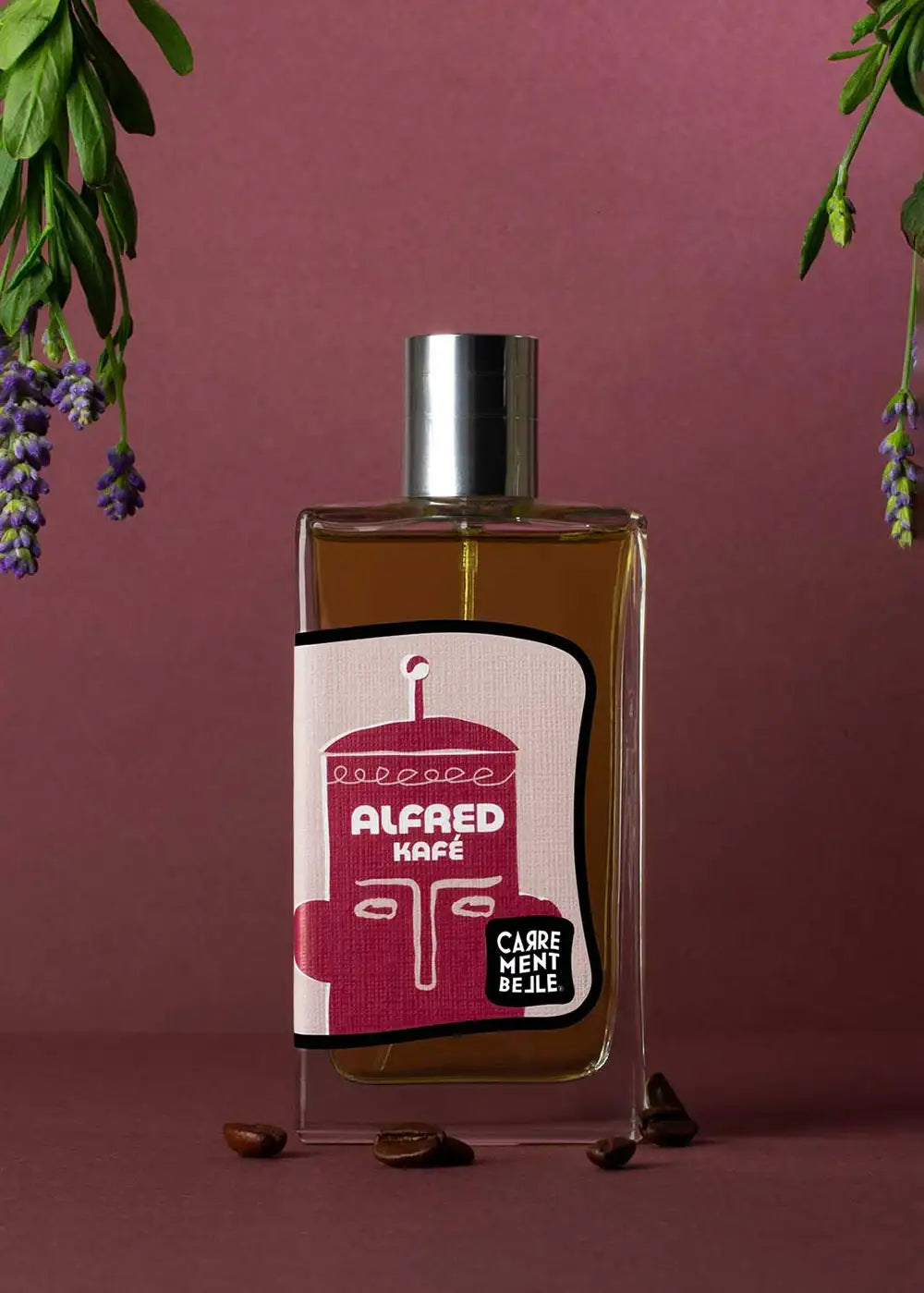 Alfred Kafé perfume bottle with silver cap, coffee beans, and lavender sprigs on burgundy background