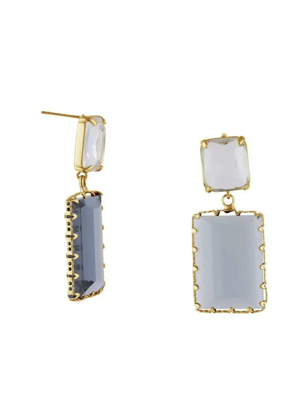 Gold metal drop earrings with blue and clear rectangular stones on white background
