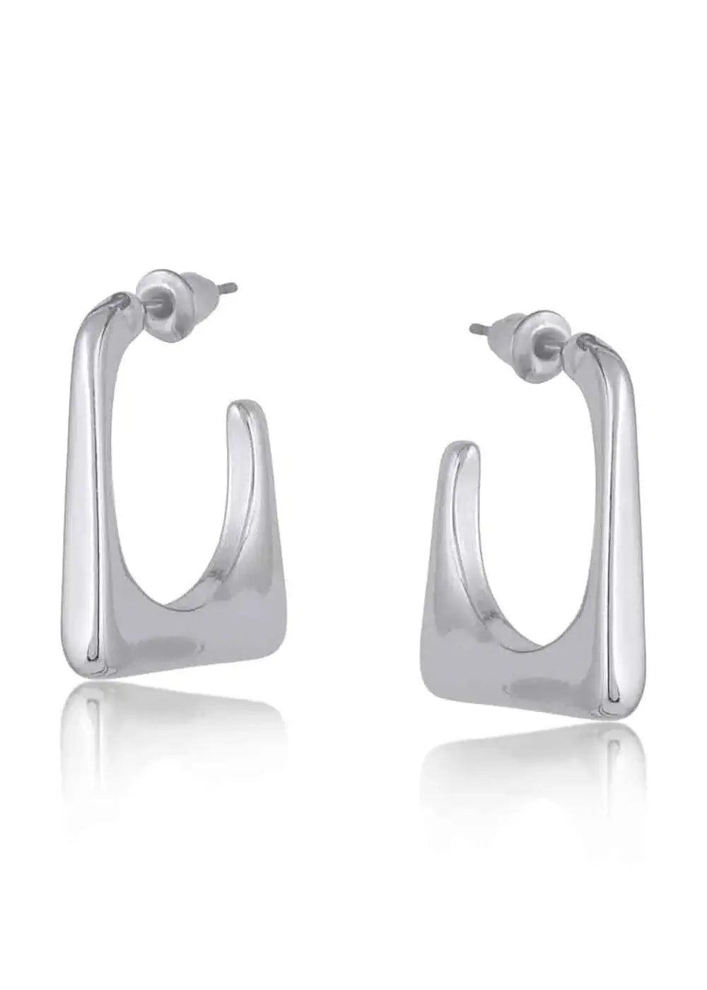 Pair of silver organic-shape metal hoop earrings on white background