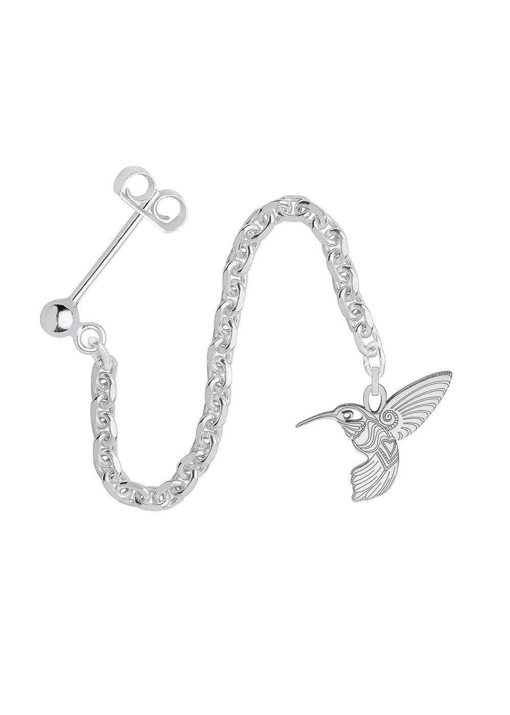 Silver long drop chain earring with engraved hummingbird charm on white background