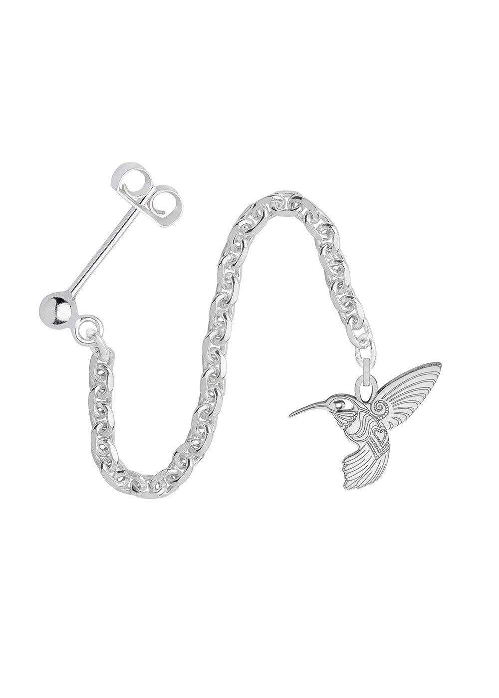 Silver long drop chain earring with engraved hummingbird charm on white background