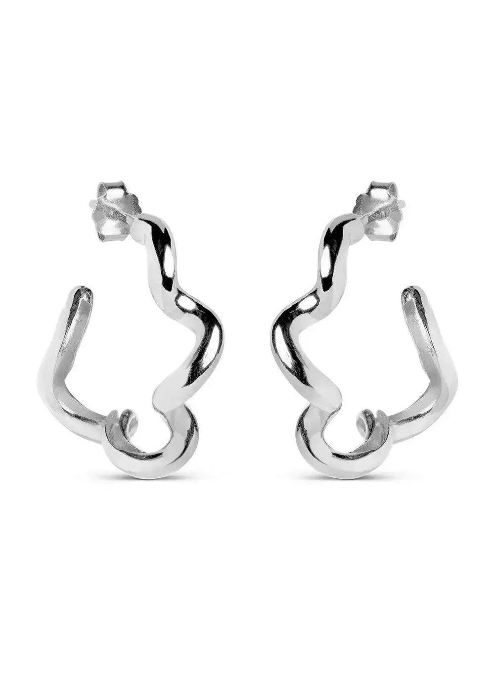 Curly silver hoop earrings with a wavy, enamel-inspired design on a white background