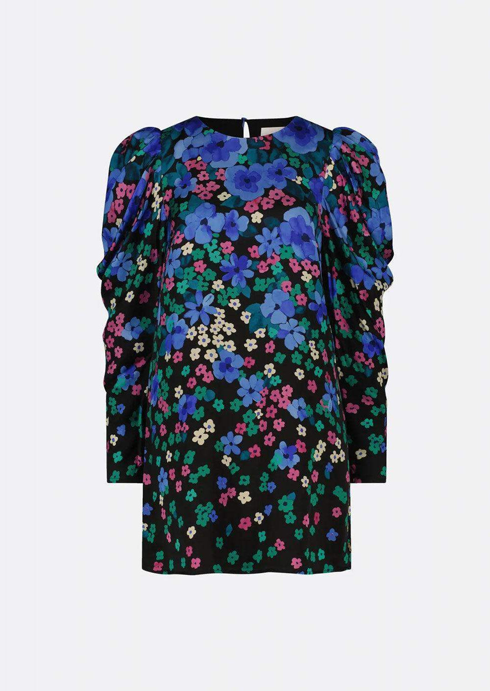 Long sleeve mini dress with bright blue and purple floral print on a black background
