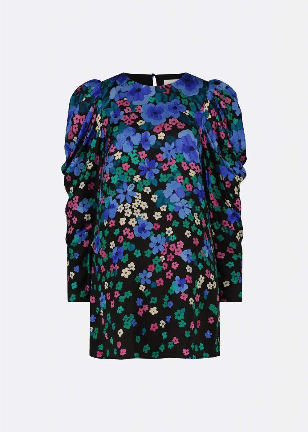 Long sleeve mini dress with bright blue and purple floral print on a black background
