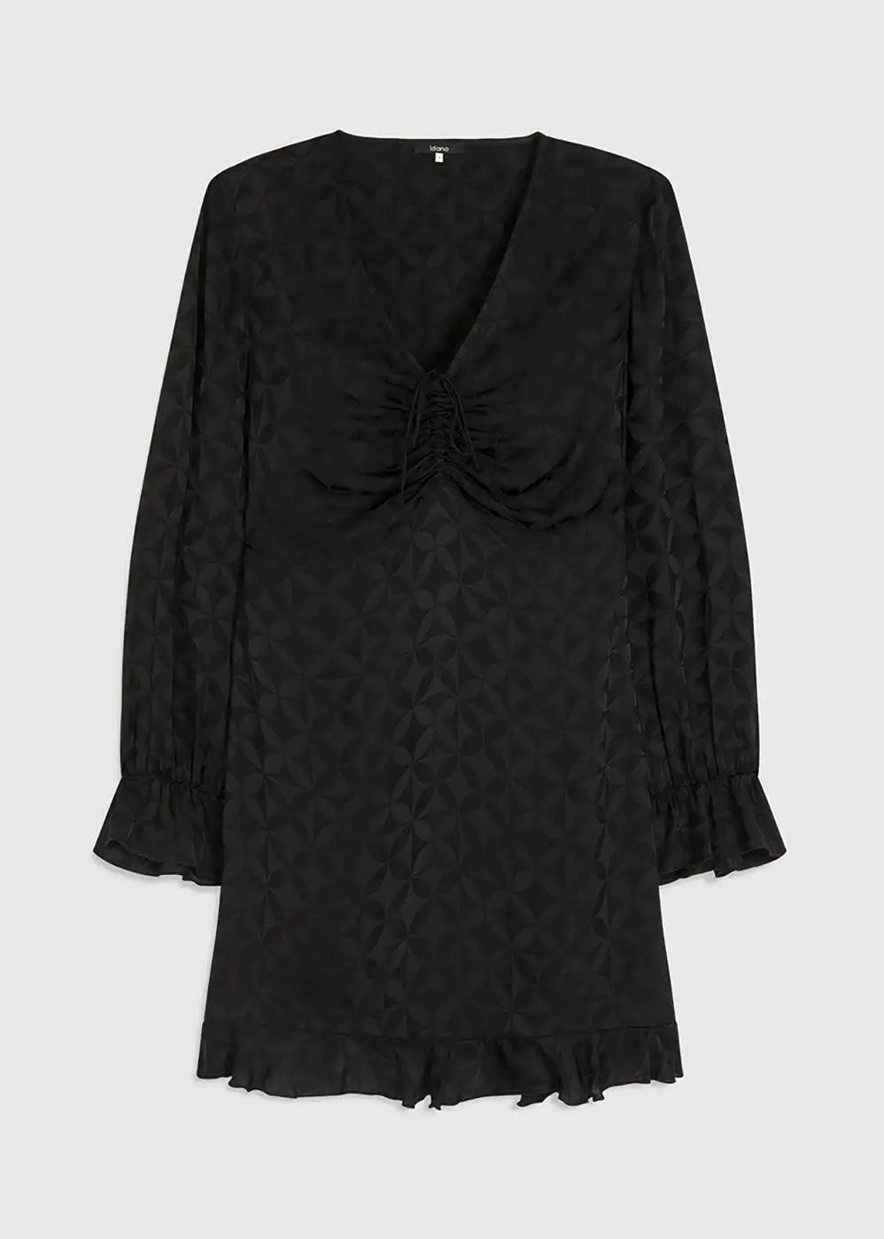 Black mini dress with long sleeves, geometric pattern, ruched bust, and ruffle hem