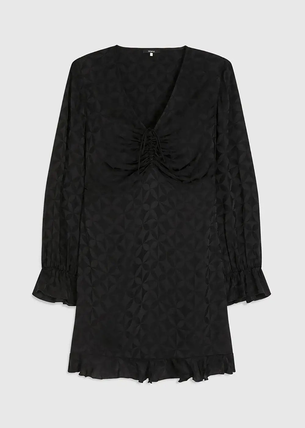 Black mini dress with long sleeves, geometric pattern, ruched bust, and ruffle hem