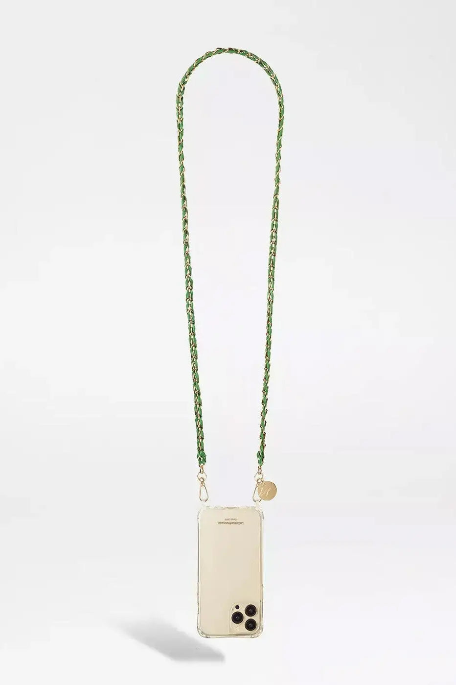 Clear phone case with a green and gold chain strap and gold hardware on white background