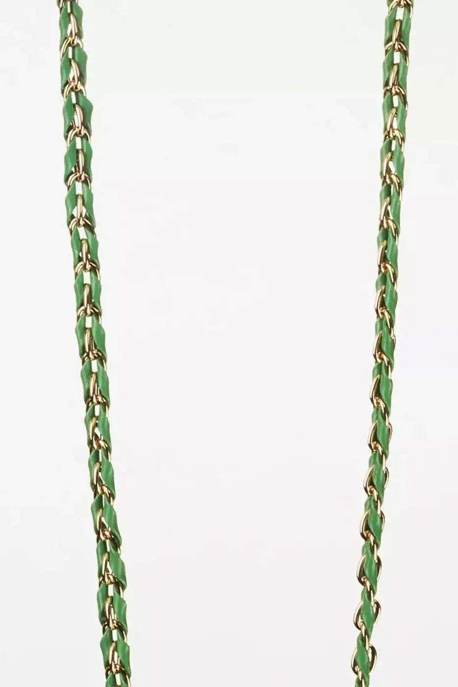 Green and gold chain phone strap with interwoven design on a white background