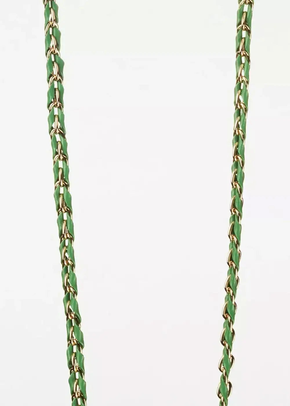Green and gold chain phone strap with interwoven design on a white background