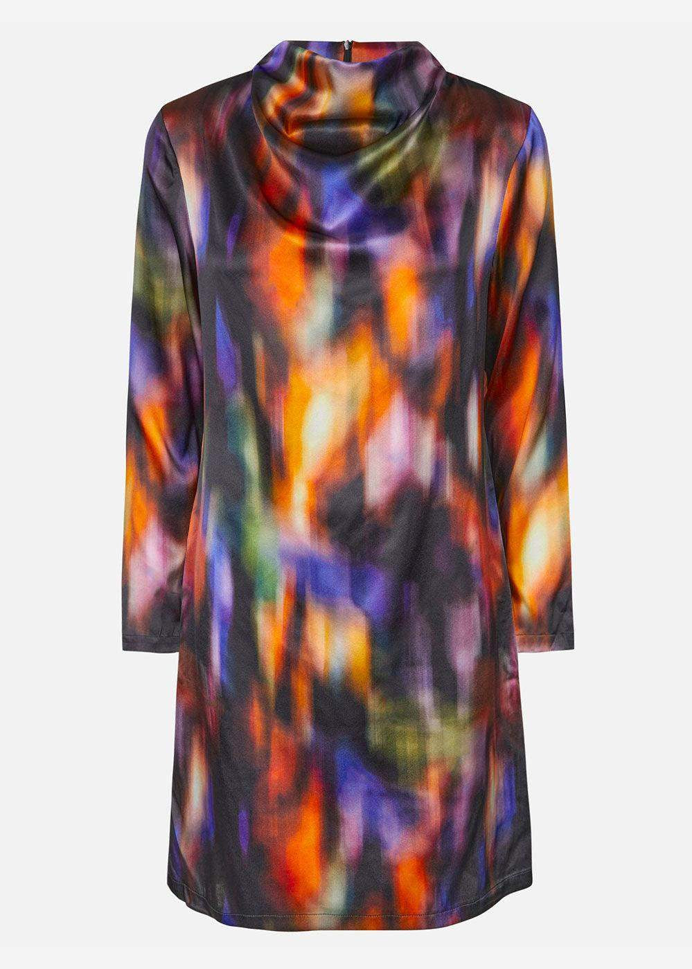 Long sleeve silk dress with multi-color abstract watercolor print and draped neckline