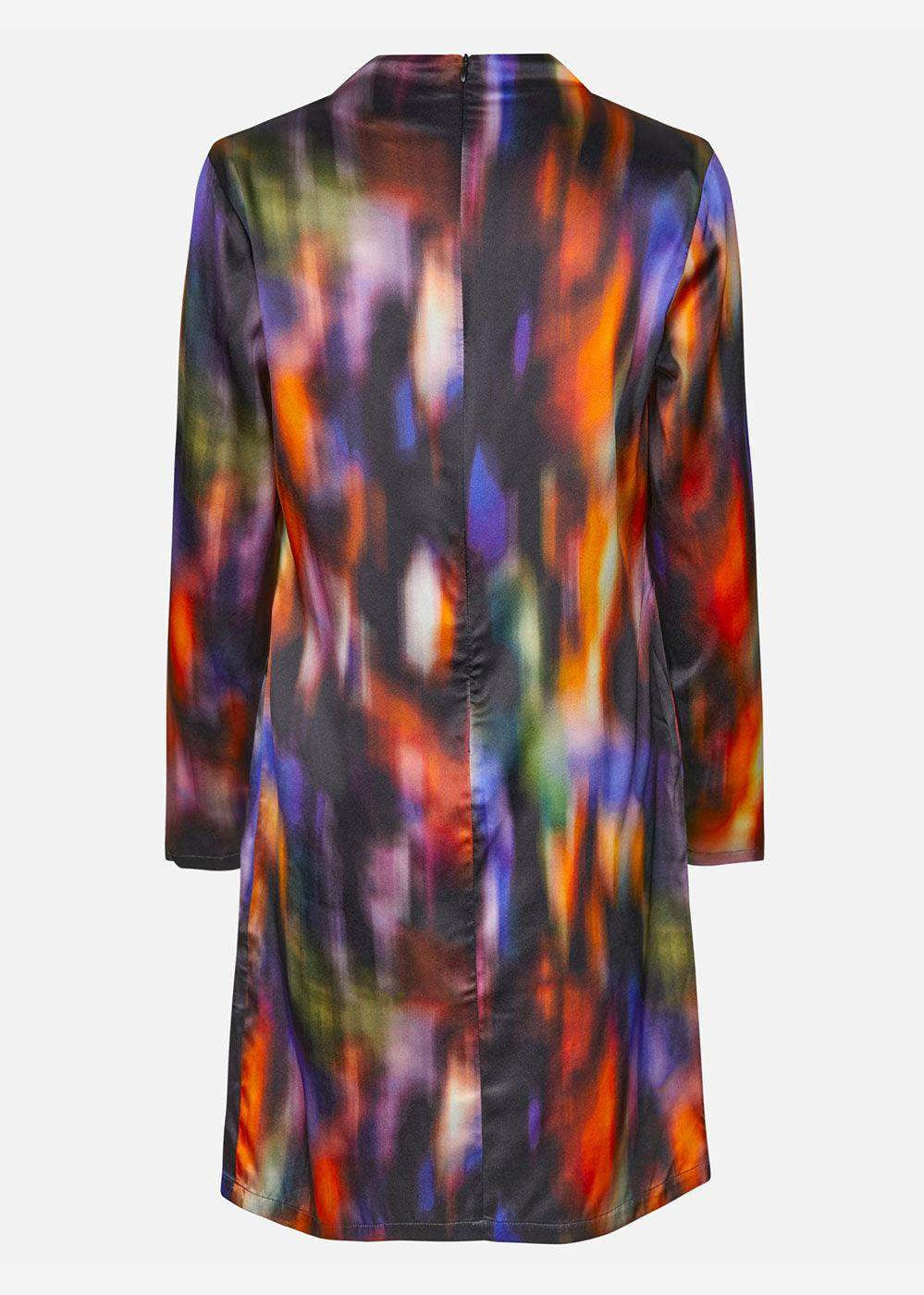 Long sleeve silk dress with vibrant multi watercolor print, back view on white background