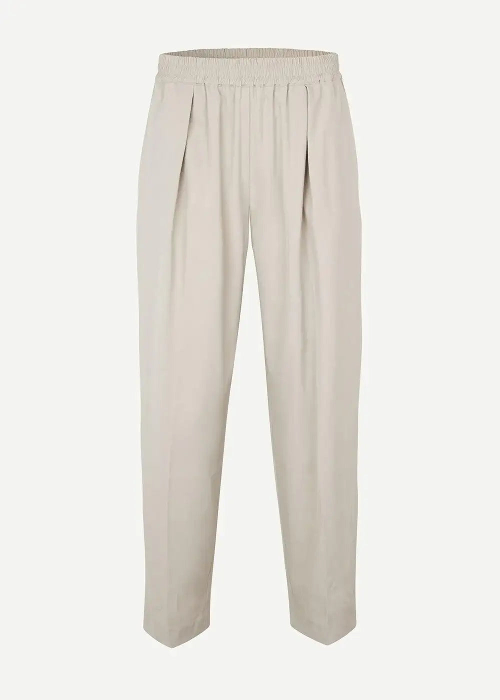 Beige pleated trousers with elastic waistband, relaxed fit, front view on white background