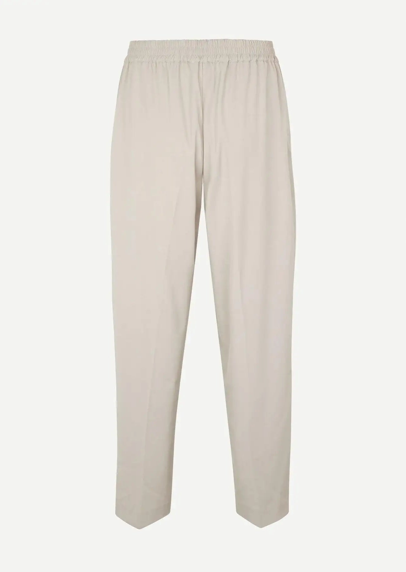 Light beige straight-leg trousers with elastic waistband on a white background