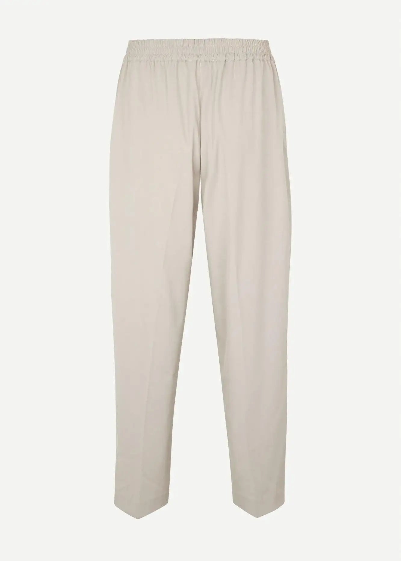 Light beige straight-leg trousers with elastic waistband on a white background