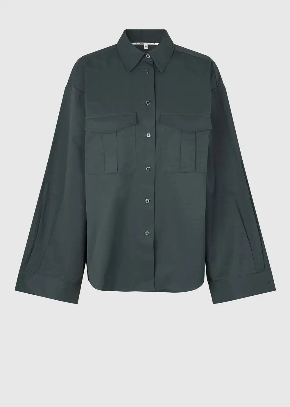 Dark green button-up shirt with chest pockets and wide long sleeves on plain background