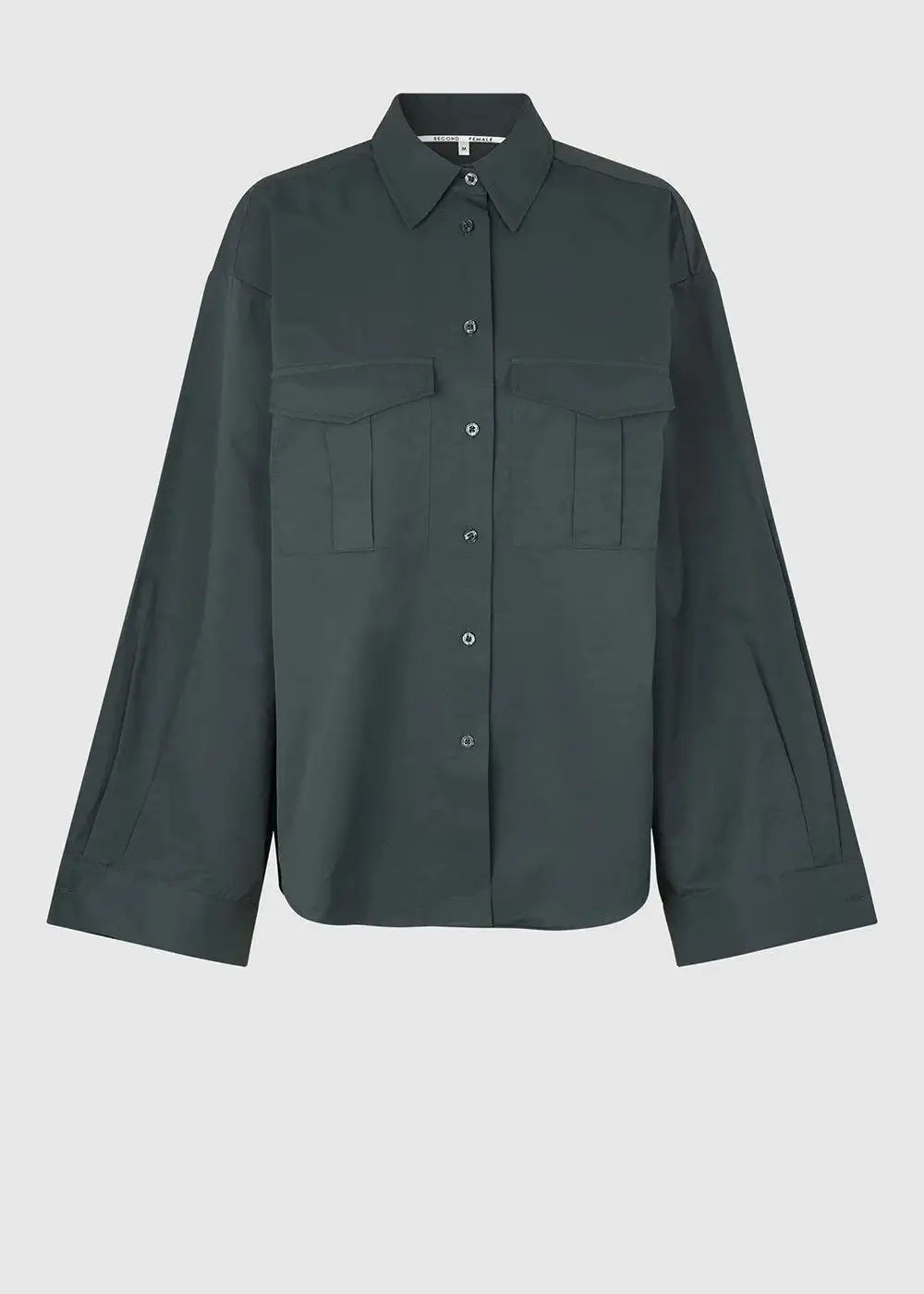 Dark green button-up shirt with chest pockets and wide long sleeves on plain background