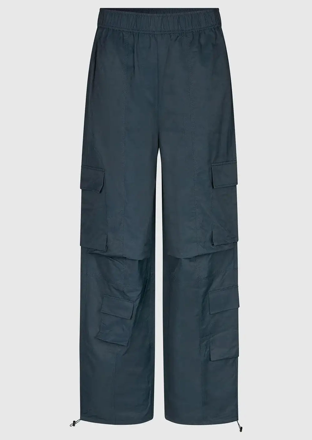 Dark blue women's cargo trousers with multiple side pockets, wide leg, elastic waist