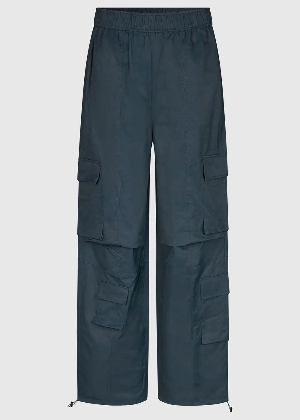 Dark blue women's cargo trousers with multiple side pockets, wide leg, elastic waist