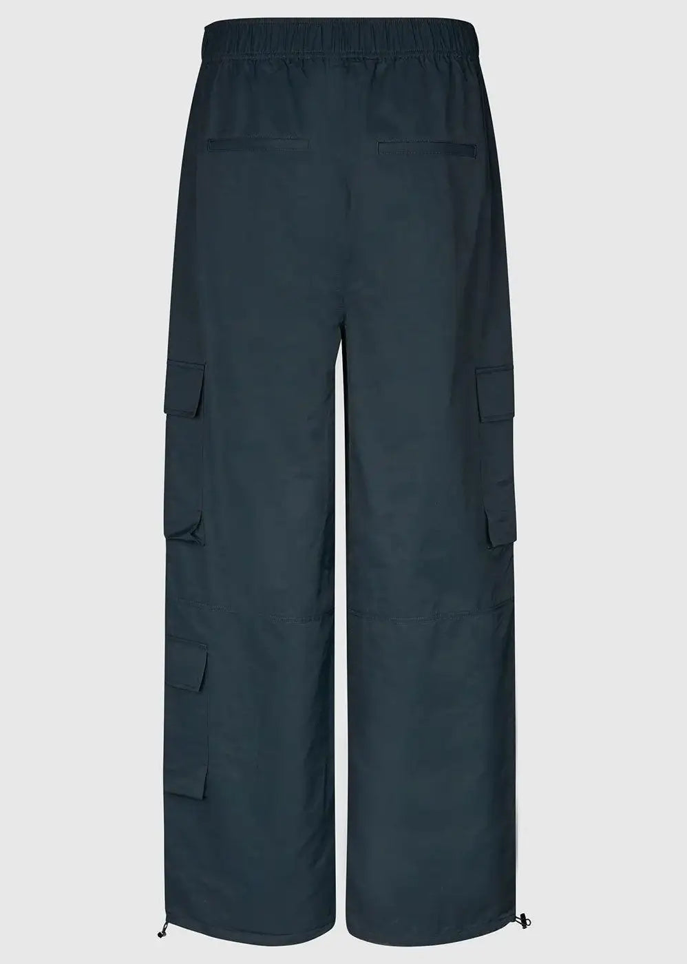 Back view of women's black cargo trousers with pocket details and elastic waistband