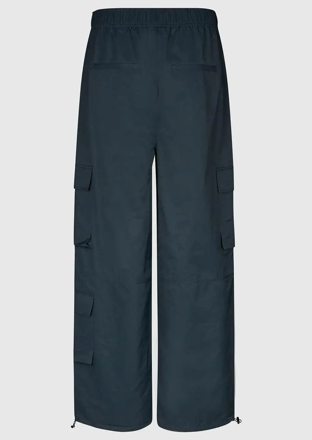 Back view of women's black cargo trousers with pocket details and elastic waistband