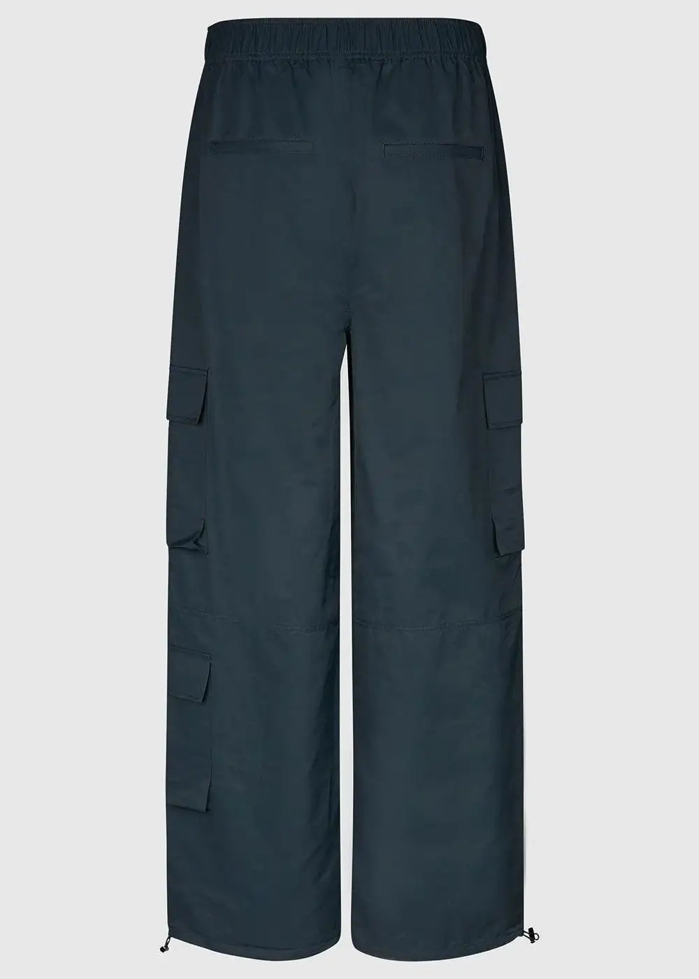 Back view of women's black cargo trousers with pocket details and elastic waistband