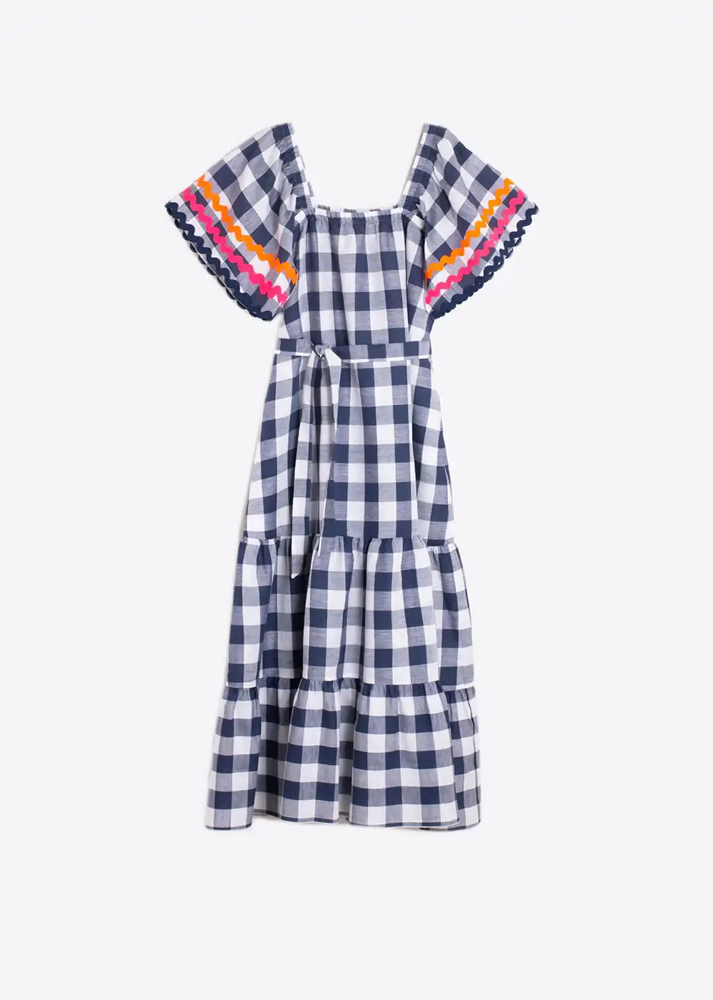 Navy gingham maxi dress with tiered skirt, tie waist, and colorful scalloped sleeves