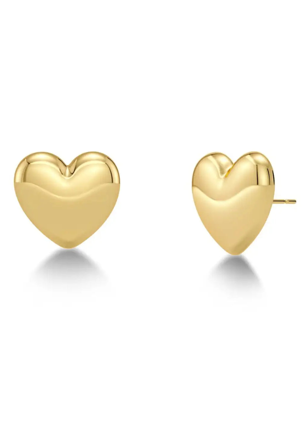 Gold heart-shaped stud earrings on a white background