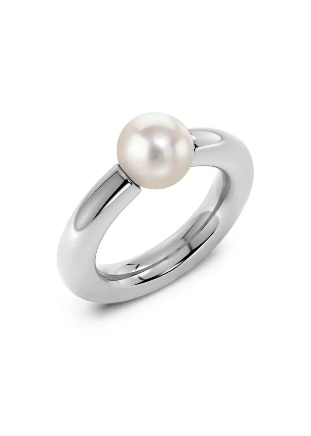 Modern silver ring with a single white pearl on a plain white background