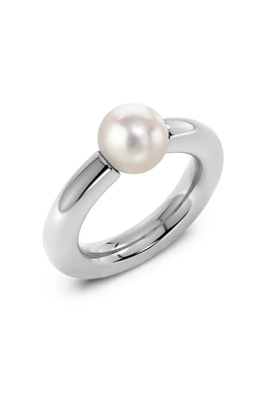 Modern silver ring with a single white pearl on a plain white background