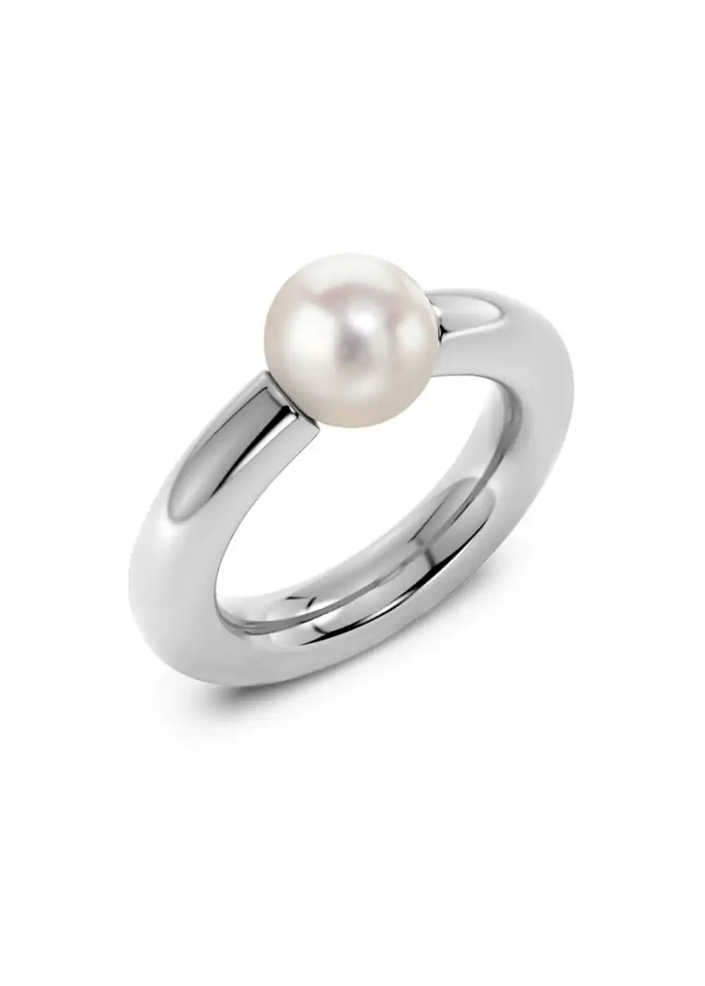 Modern silver ring with a single white pearl on a plain white background